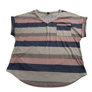 Shein Pink Gray Striped V-Neck Pocket T-Shirt Top Women Size XL 12 Short Sleeve